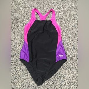 Speedo Girls sz 16 One Piece Swimsuit Black Purple Pink Racerback